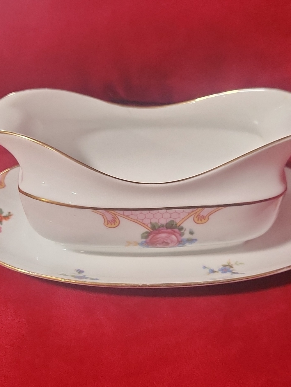 Floral Porcelain Gravy Boat with Gold Trim - White and Pink